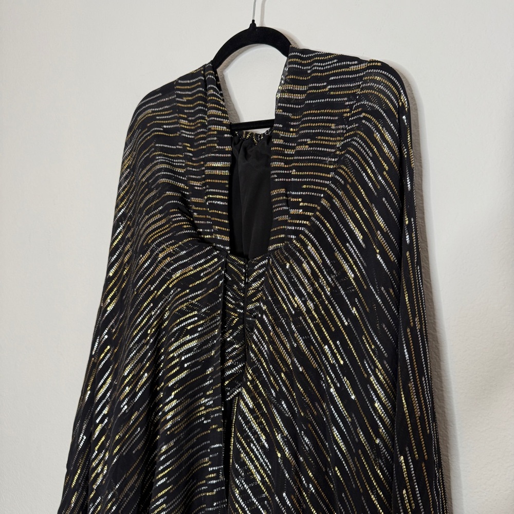 Peter Pilotto Gown Silk Metallic Caped Black Gold Silver Thread High Neck Size 6 - Picture 7 of 12